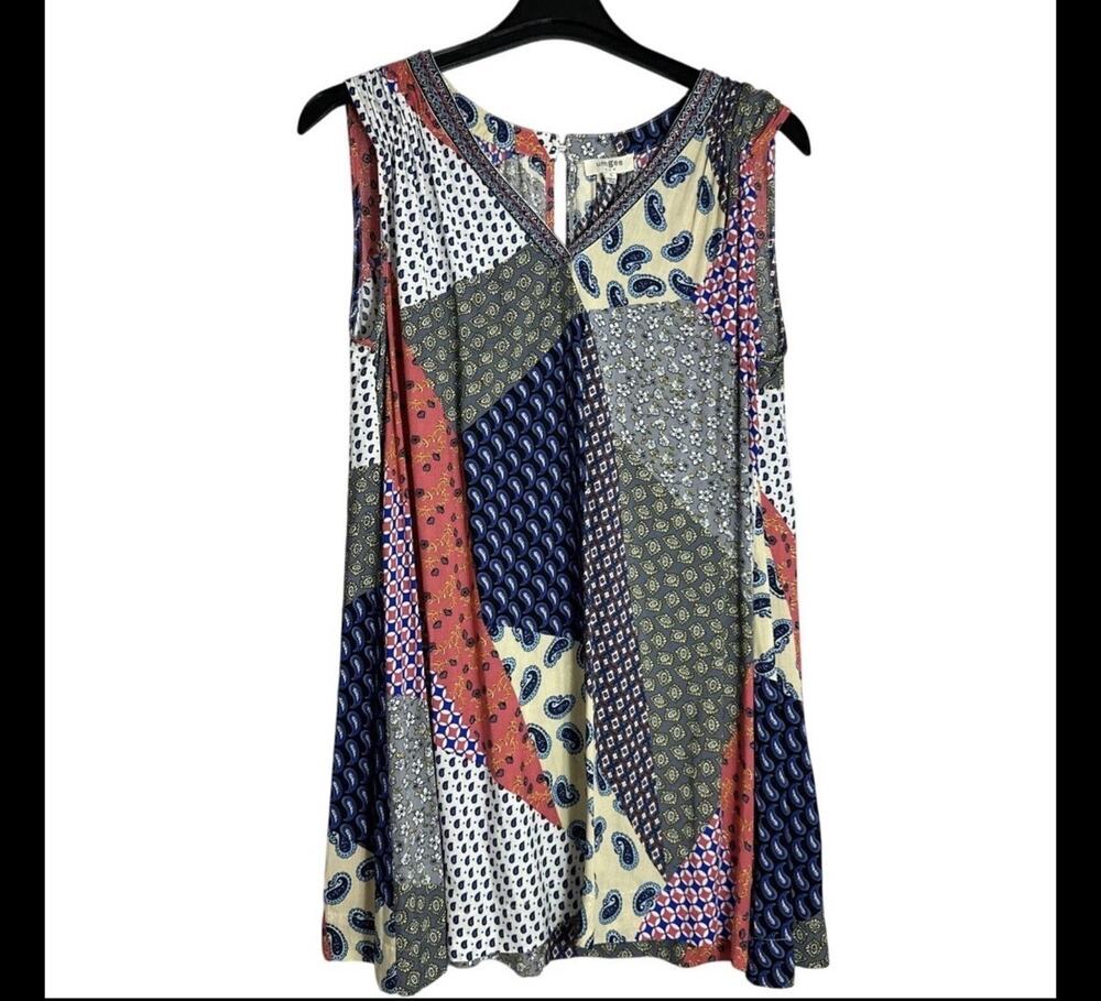 Umgee Patchwork Sleeveless Tunic Blouse HOBO Small Multicolor Paisley V-Neck